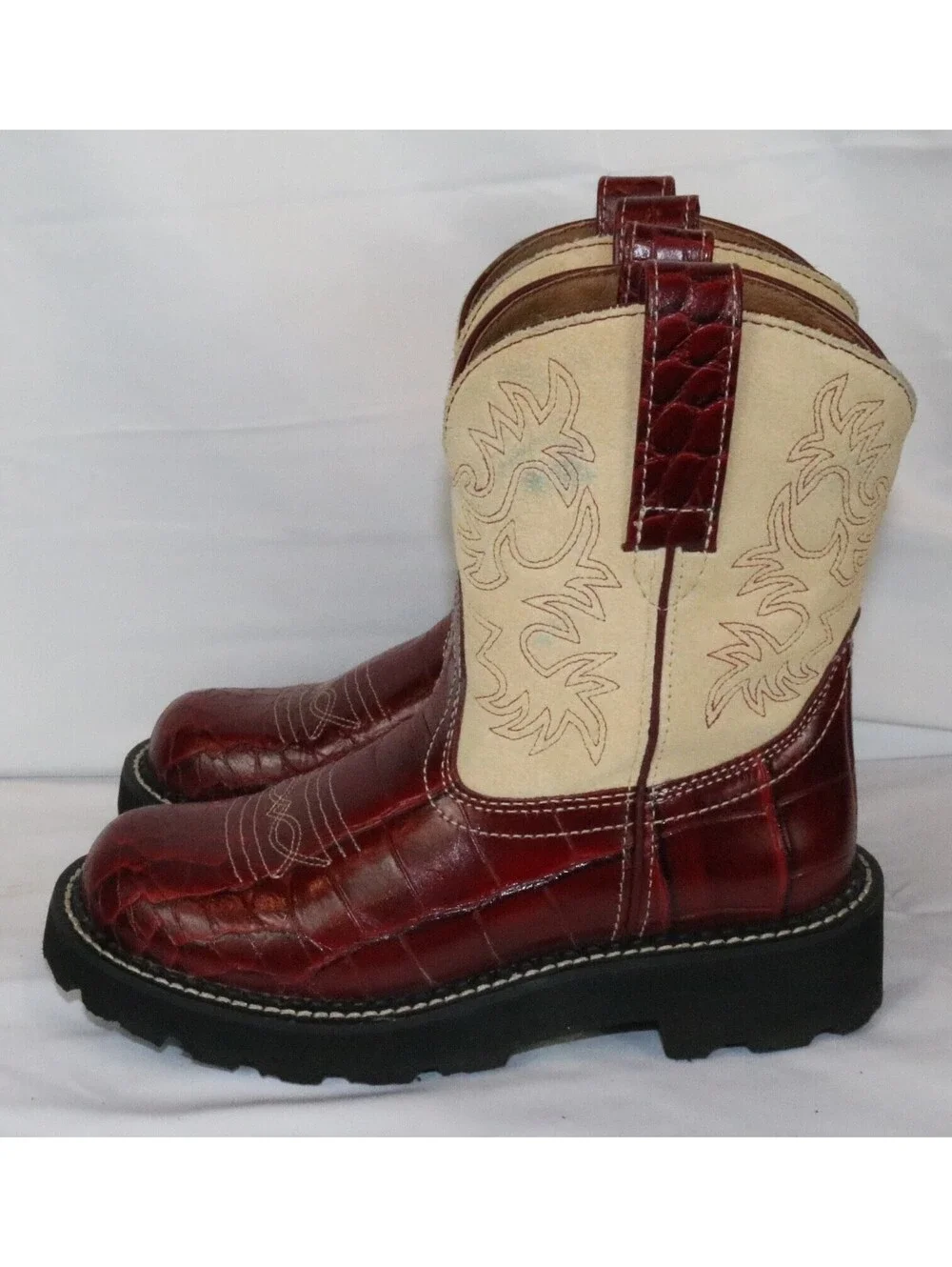 Ariat Fatbaby 14709 Women Red Croc Embossed Leather Western Boots 5.5B Tan Suede